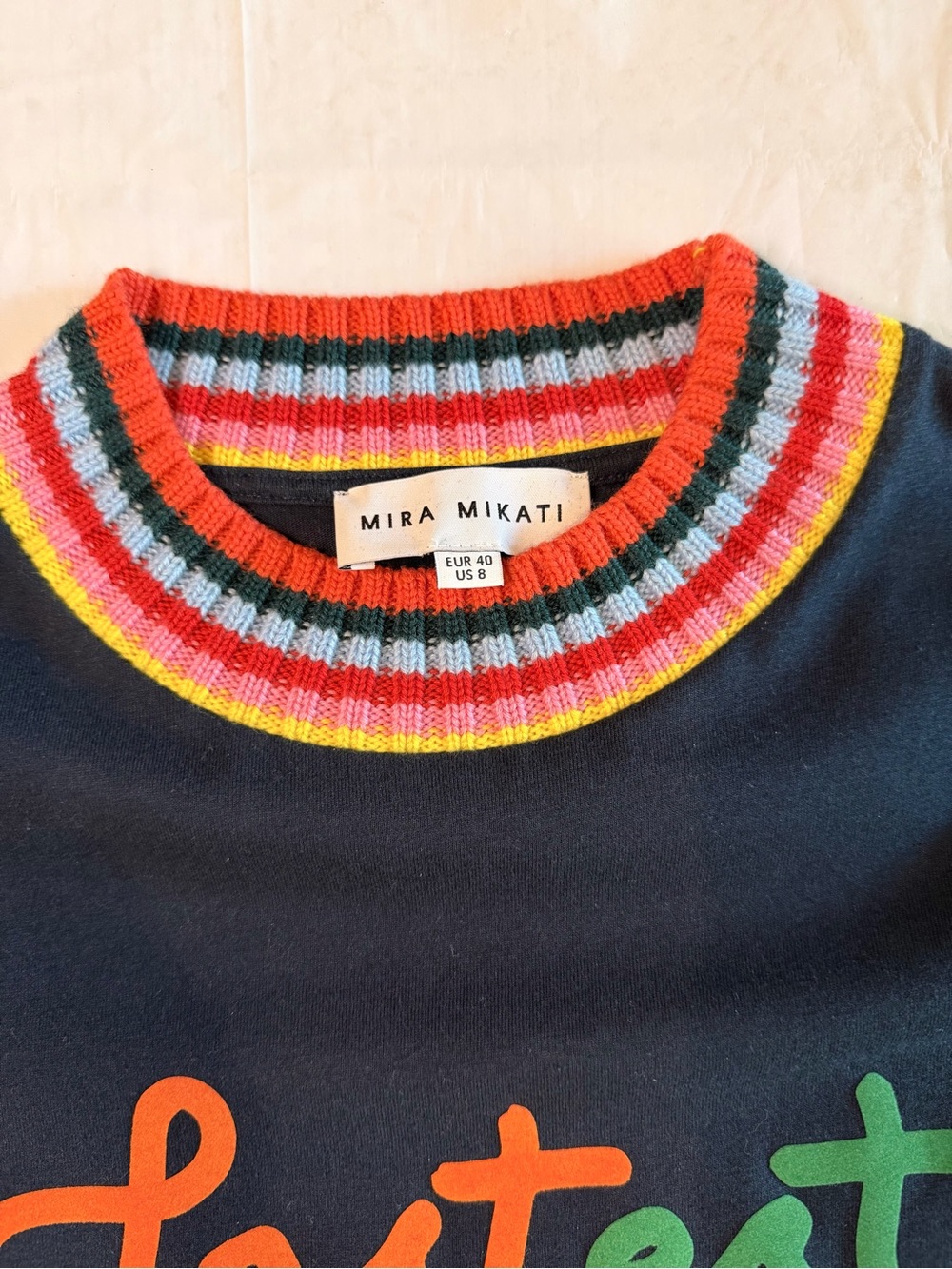 Mira Mikati Fastest Girls Alive Navy Rainbow Trim Long Sleeve Top US 8 EU 40 - Picture 5 of 6